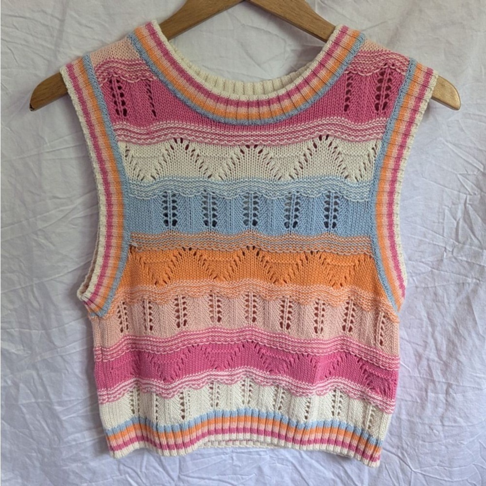 Cotton On Sweater Vest Multi-Color Striped Pointelle Knit Sz M Retro Colorful